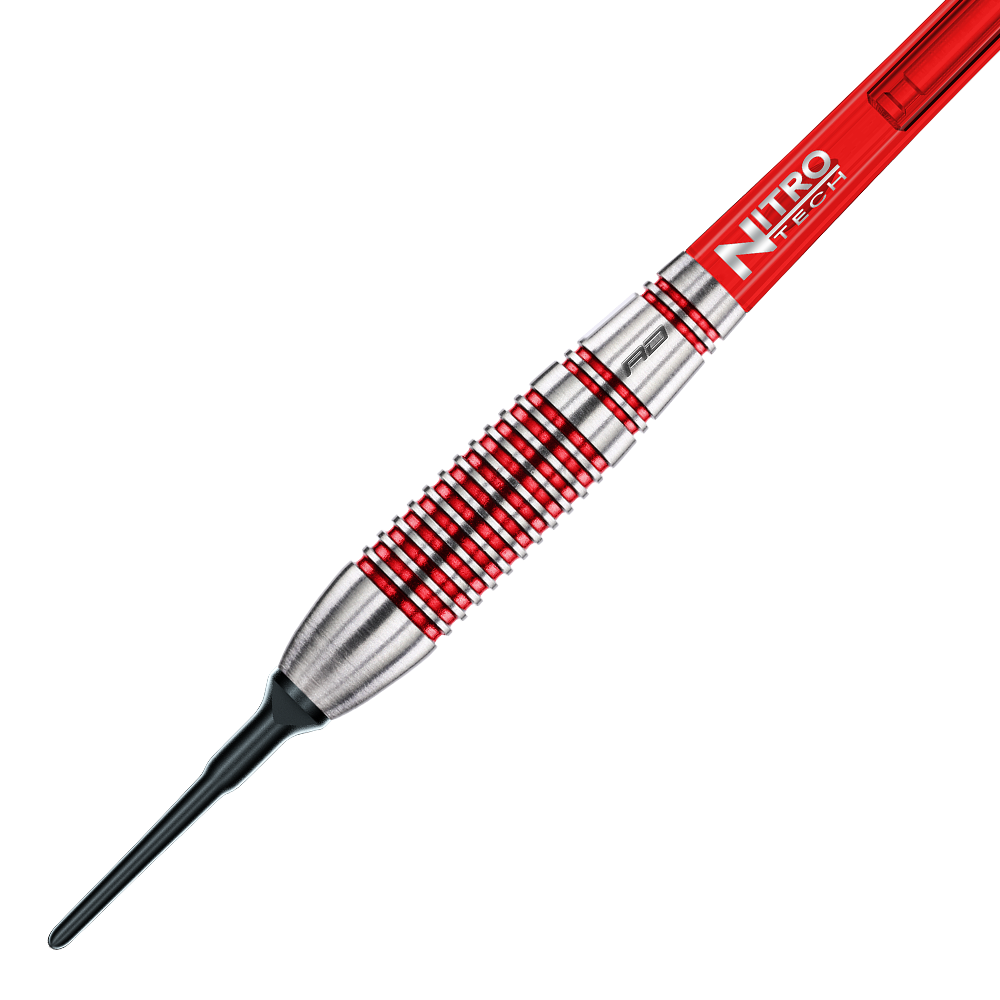 RD2137_Red_Dragon_Reflex_Softdarts_2 Das Bild zeigt einen Red Dragon Reflex Softdart mit einem Gewicht von 22 g. Der Dart hat ein silbernes und rotes Design mit dem Schriftzug "Nitro Tech" auf dem Schaft.