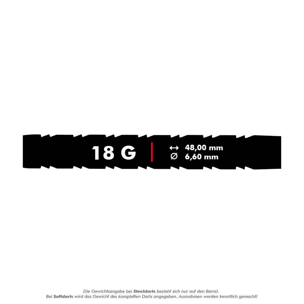 Das Bild zeigt die Produktspezifikationen der "Red Dragon Peter Wright Snakebite 1 Rainbow Softdarts" mit 18 Gramm Gewicht. Die Länge beträgt 48,00 mm und der Durchmesser 6,60 mm.