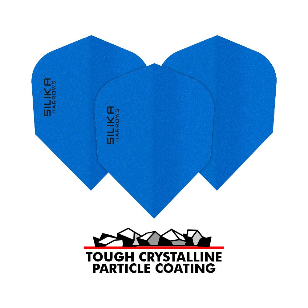 Das Bild zeigt blaue Dart-Flights der Marke Harrows Silika mit einer soliden, kristallinen Beschichtung. Unten im Bild steht "Tough Crystalline Particle Coating" mit einer grafischen Darstellung von Kristallen.