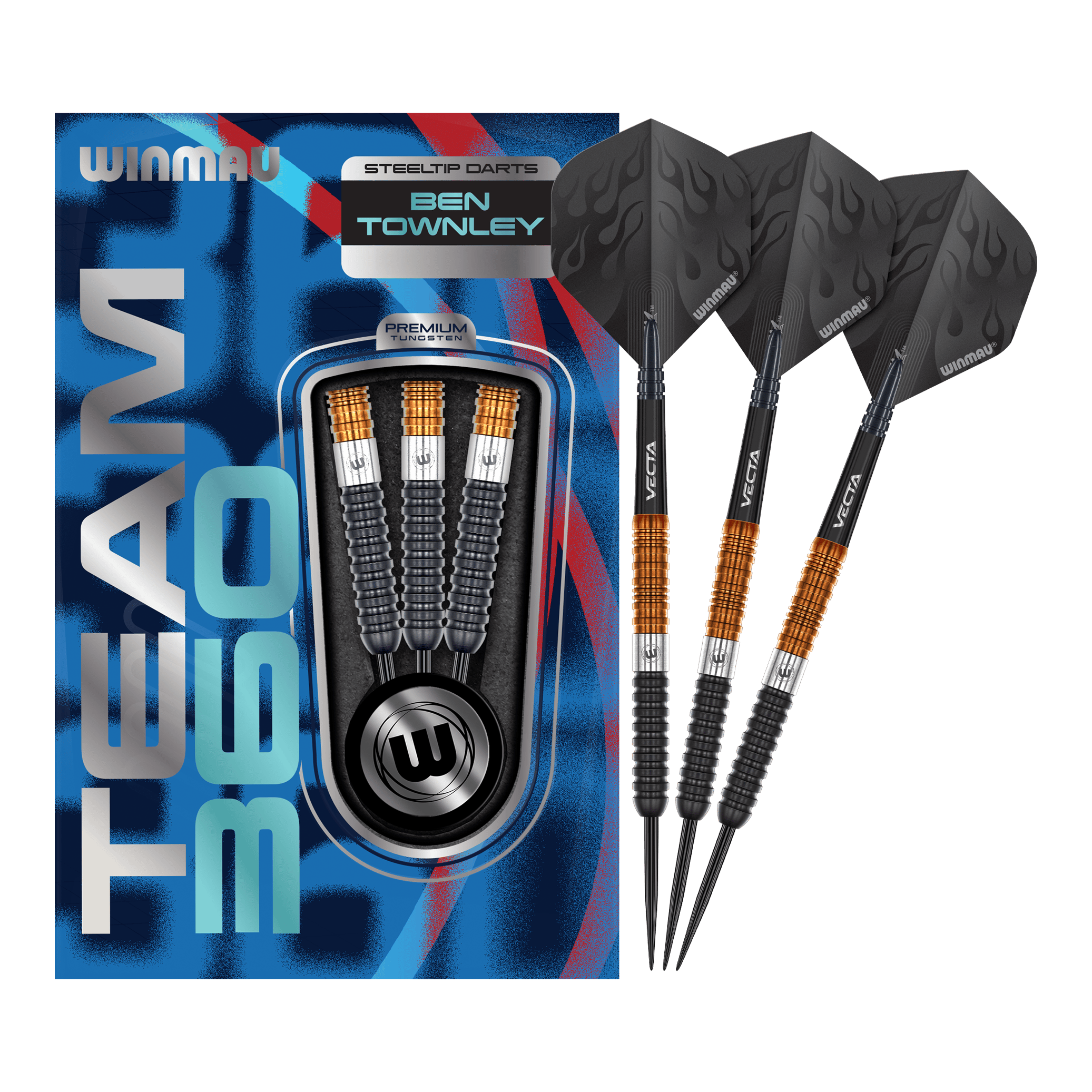 Das Produkt Winmau Team 360 Ben Townley Steeldarts - 23g ist hier komplett dargestellt. Diese Steeldarts sind langlebig und vielseitig einsetzbar.