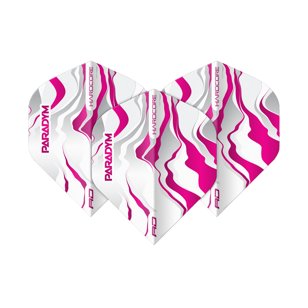 Das Bild zeigt ein Set Red Dragon Hardcore Premium Paradym Pink Premium No2 Standard Flights. Diese Flights bieten hervorragende Flugeigenschaften und eine hochwertige Verarbeitung.