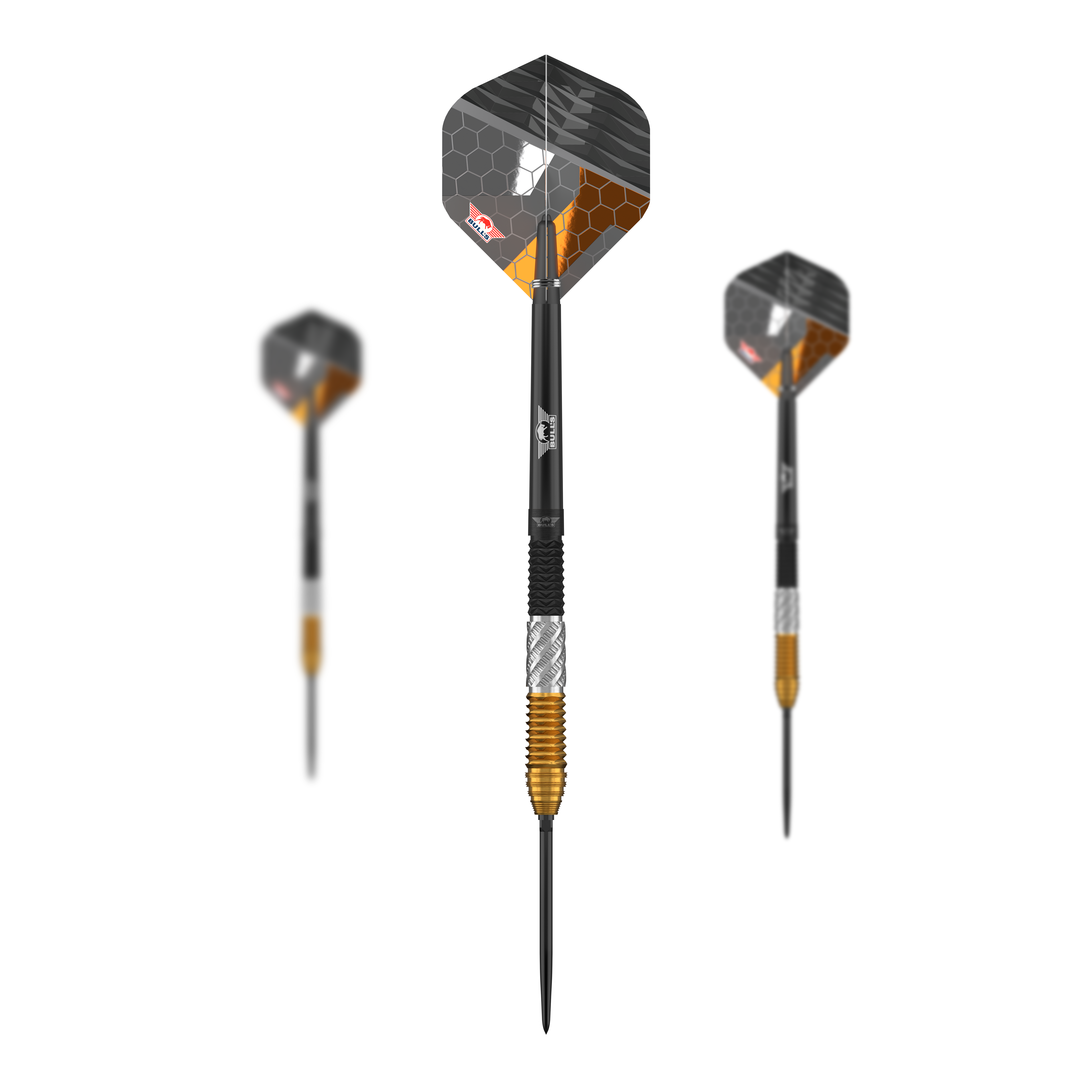 Dieses Set zeigt die Bulls NL Dirk Van Duijvenbode 95% Convertible Points Steeldarts. Die Darts zeichnen sich durch ihre wandelbaren Spitzen und das elegante Design aus.