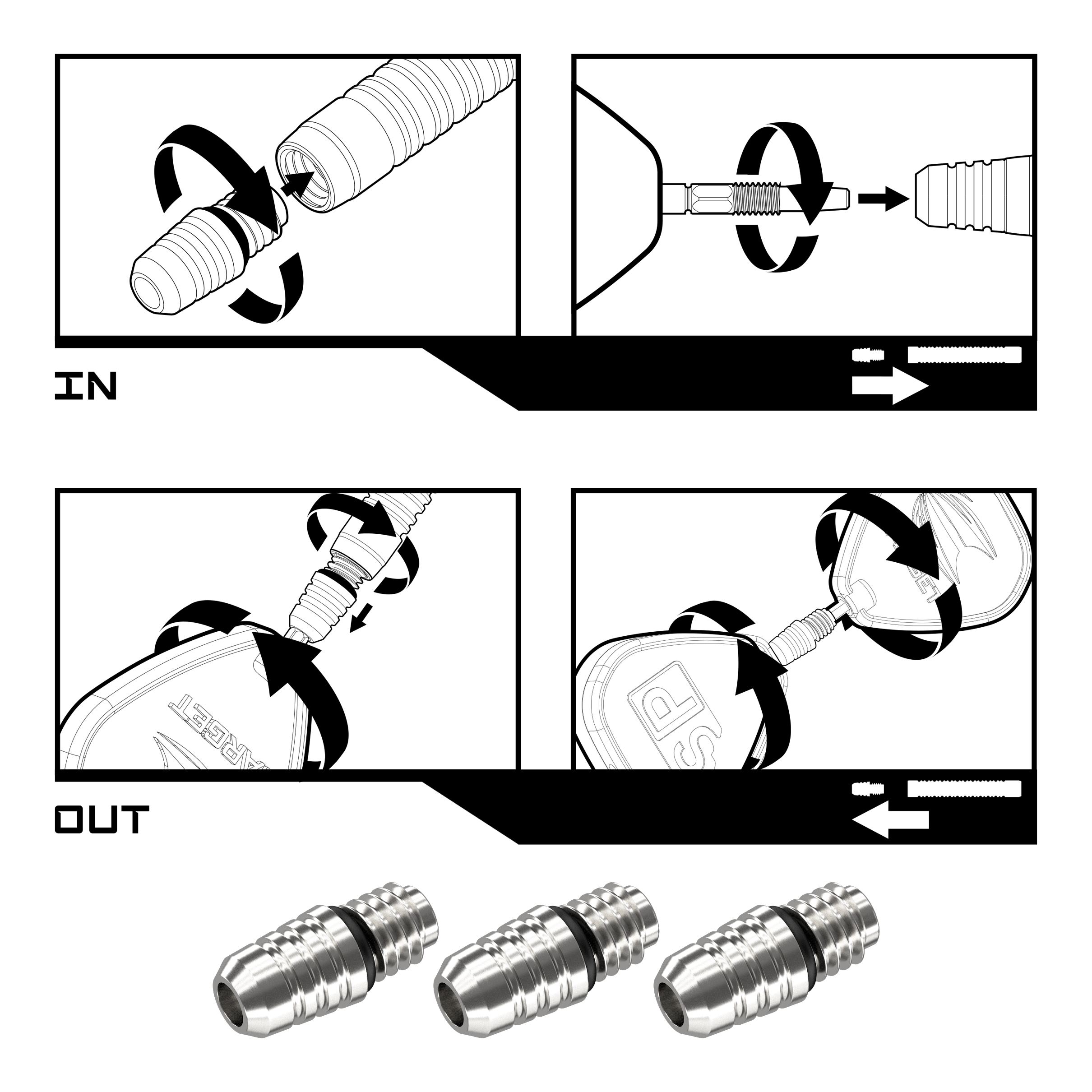 Target Swiss Point 2BA Converter - Silber Das Bild zeigt eine Anleitung zur Verwendung des Target Swiss Point 2BA Converter in Silber. Es erklärt Schritt für Schritt, wie man den Converter ein- und ausbaut.