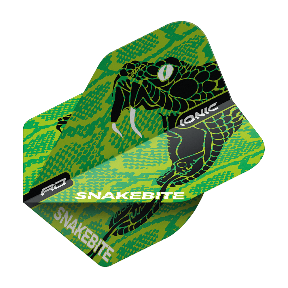 Das Bild zeigt ein Dart Flight mit einer auffälligen grünen Schlangen-Design und den Schriftzügen "SNAKEBITE" und "IONIC". Das Produkt ist der "Red Dragon Hardcore Ionic Snakebite Green Head Standard Flight".
