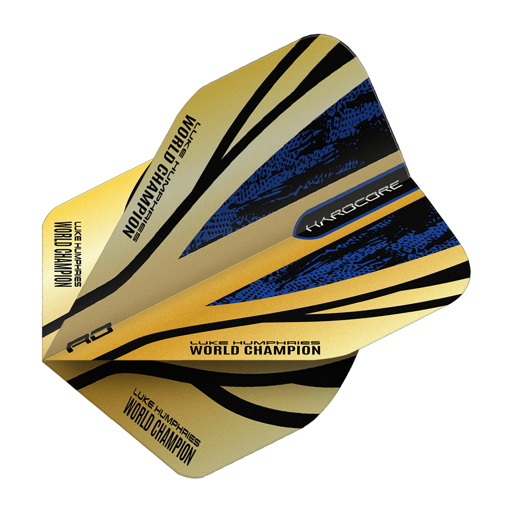 Red Dragon Hardcore Premium Luke Humphries Gold Standard Flights Das Bild zeigt das Produkt "Red Dragon Hardcore Premium Luke Humphries Gold Standard Flights". Die Dart-Flight ist goldfarben mit schwarzen und blauen Akzenten und trägt die Aufschrift "Luke Humphries World Champion".
