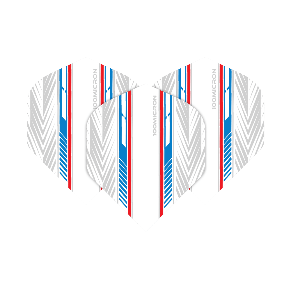 Pentathlon Flights white/blue/red Das Bild zeigt die Pentathlon White Blue Red No2 Standard Flights. Sie haben ein weißes Design mit blauen und roten Streifen sowie grauen Mustern.