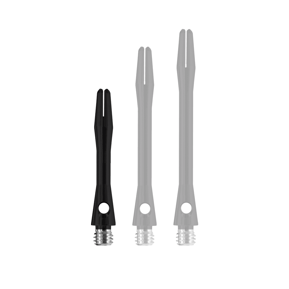 HR366_Harrows_Keramic_Shafts_Schwarz_35mm_1 Das Bild zeigt drei Harrows Keramic Shafts in Matt Schwarz, jeweils in unterschiedlicher Länge. Die Schäfte haben ein glänzendes schwarzes Design mit silbernen Gewinden am unteren Ende.