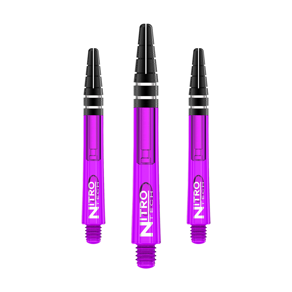 C612_Red_Dragon_Nitrotech_Shafts_Purple_42mm_1r0RcdpMkZakvA Das Bild zeigt drei lila Dartschäfte der Marke RedDragon Nitrotech. Die Schäfte haben schwarze Enden und den weißen Aufdruck "Nitrotech".