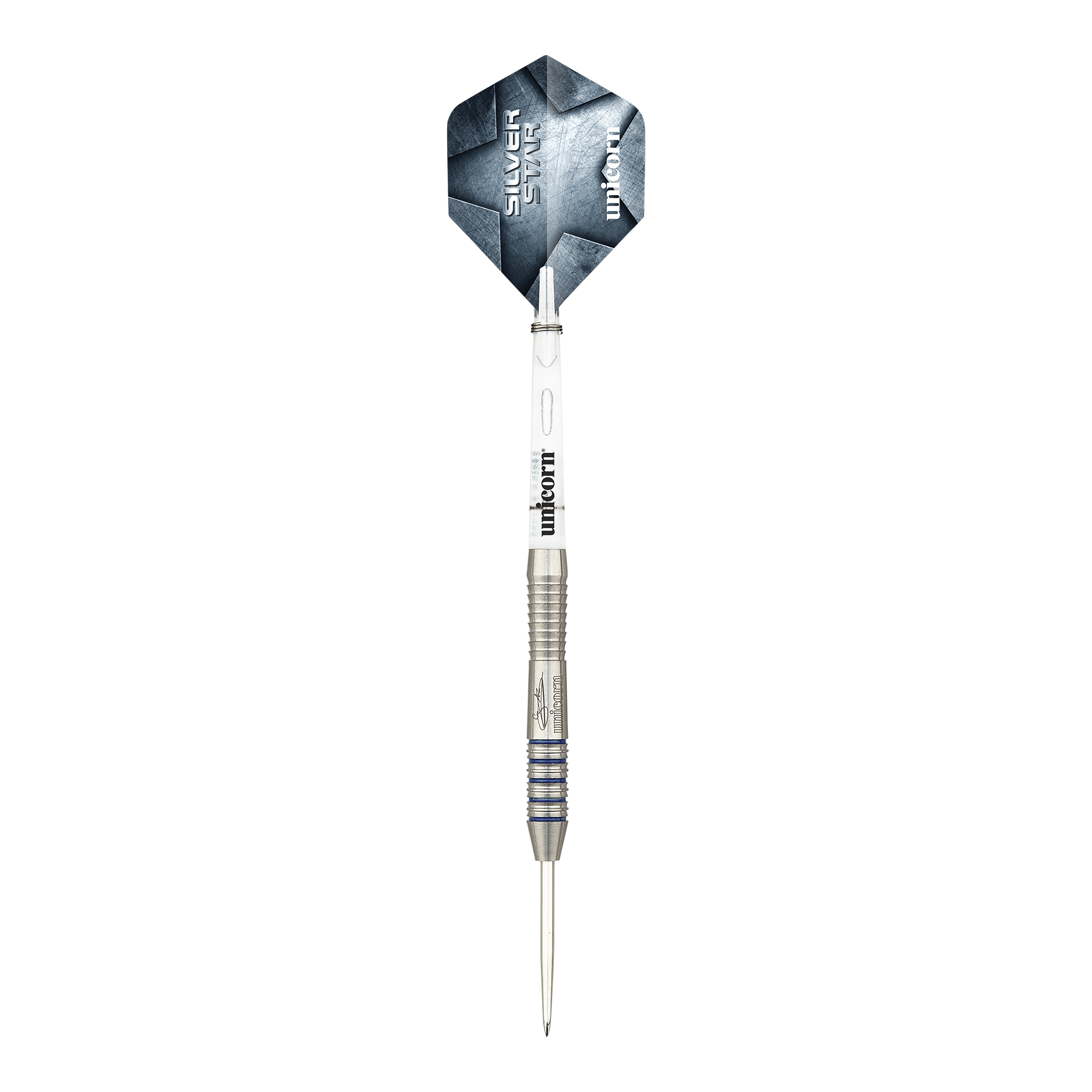 Unicorn Silver Star Var.3 Gary Anderson steel darts Das Bild zeigt die Unicorn Silver Star Var.3 Gary Anderson Steeldarts. Die silberfarbenen Darts sind auf einer weißen Fläche angeordnet.
