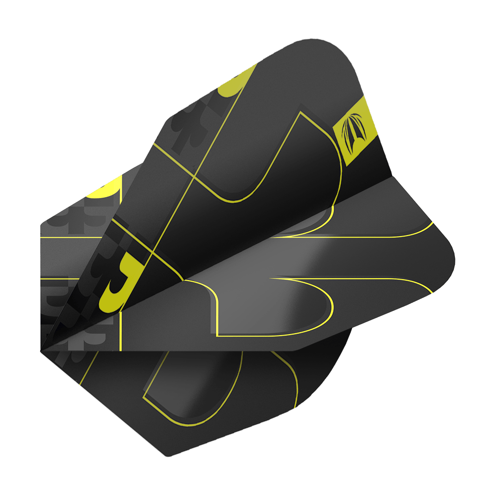 Target ProUltra Bolide Void No6 Flights Das Bild zeigt die Target ProUltra Bolide Void No6 Flights in einem modernen Design. Die Flights sind schwarz mit gelben Linien und grafischen Elementen gestaltet.