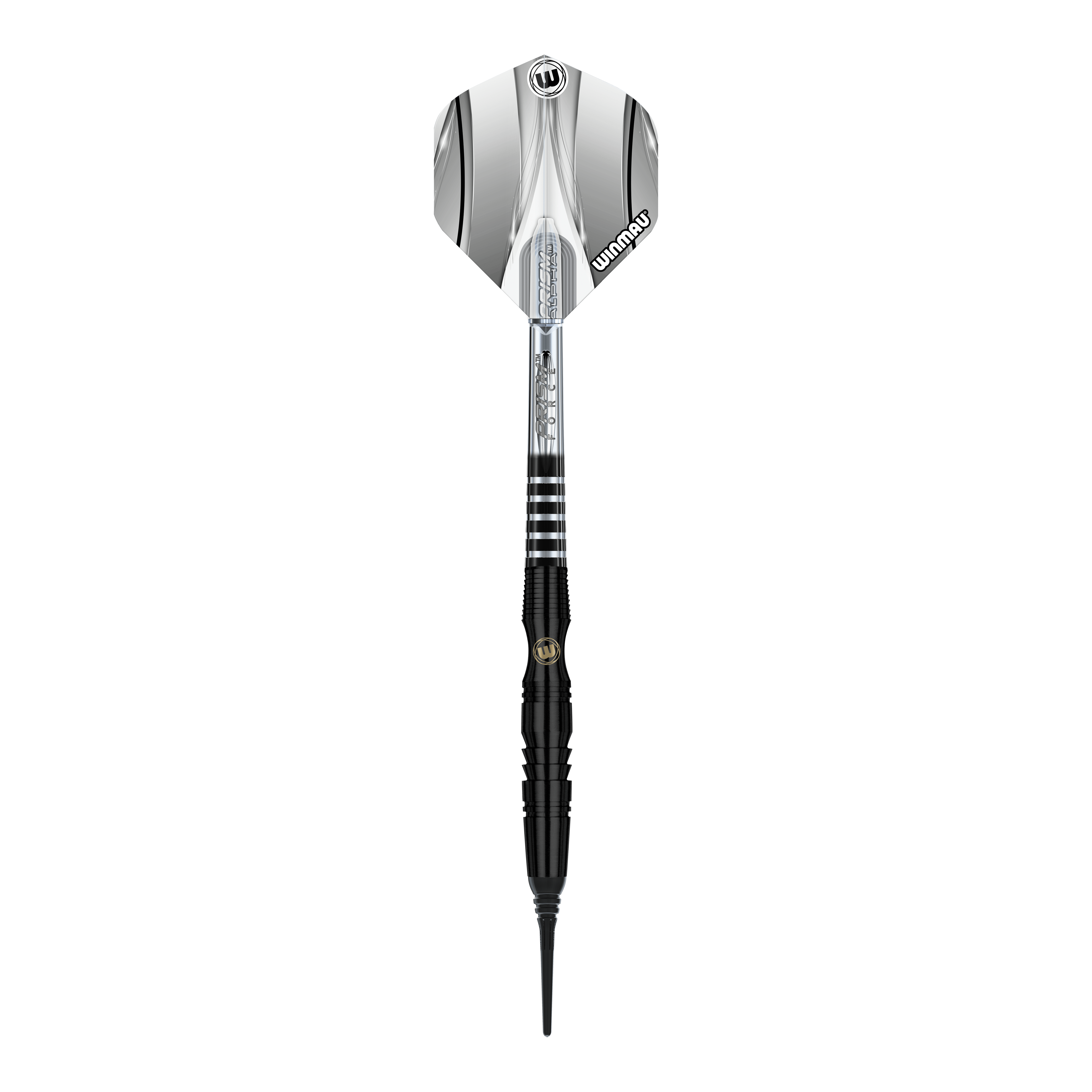 Winmau Sniper Black soft darts - 20g Das Bild zeigt einen Winmau Sniper Black Softdart mit einem Gewicht von 20 Gramm. Der Dart ist überwiegend schwarz mit silbernen Akzenten und besitzt eine schwarze Softspitze.