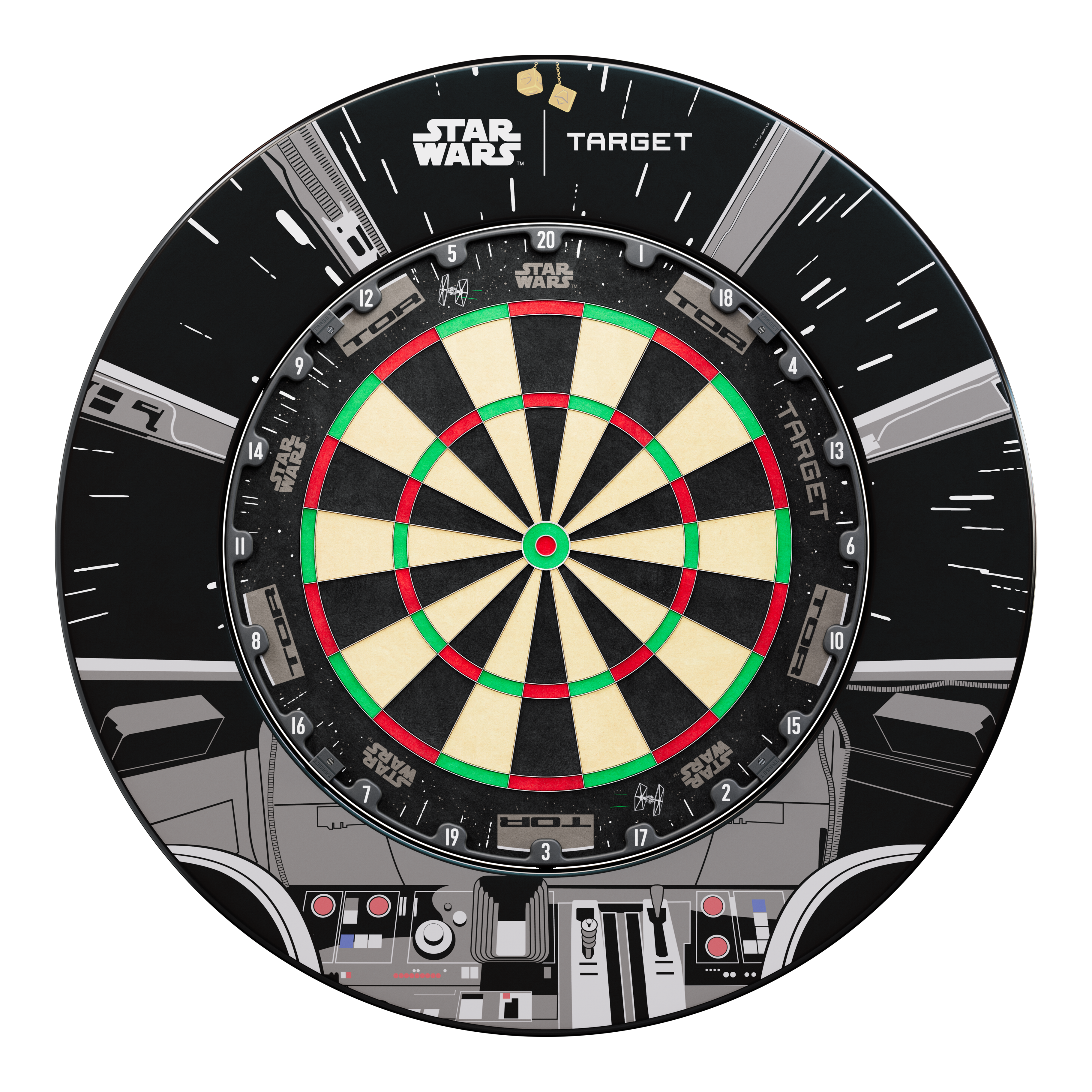 Target Star Wars Millennium Falcon TOR Dartboard Surround Bundle Dieses Bild zeigt das Target Star Wars Millennium Falcon Surround Board Bundle. Es handelt sich um ein spezielles Bundle für Dartliebhaber und Star Wars Fans.