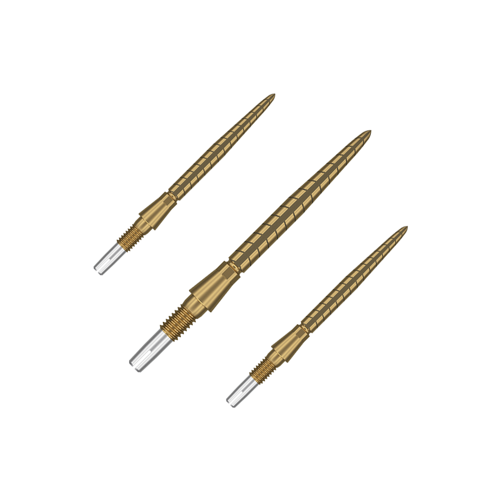 Target Swiss Storm Quartz Dart Tips - Gold Auf dem Bild sind drei goldfarbene Dartspitzen zu sehen. Sie sind schlank, haben ein geriffeltes Design und haben vorne eine silberne Spitze.