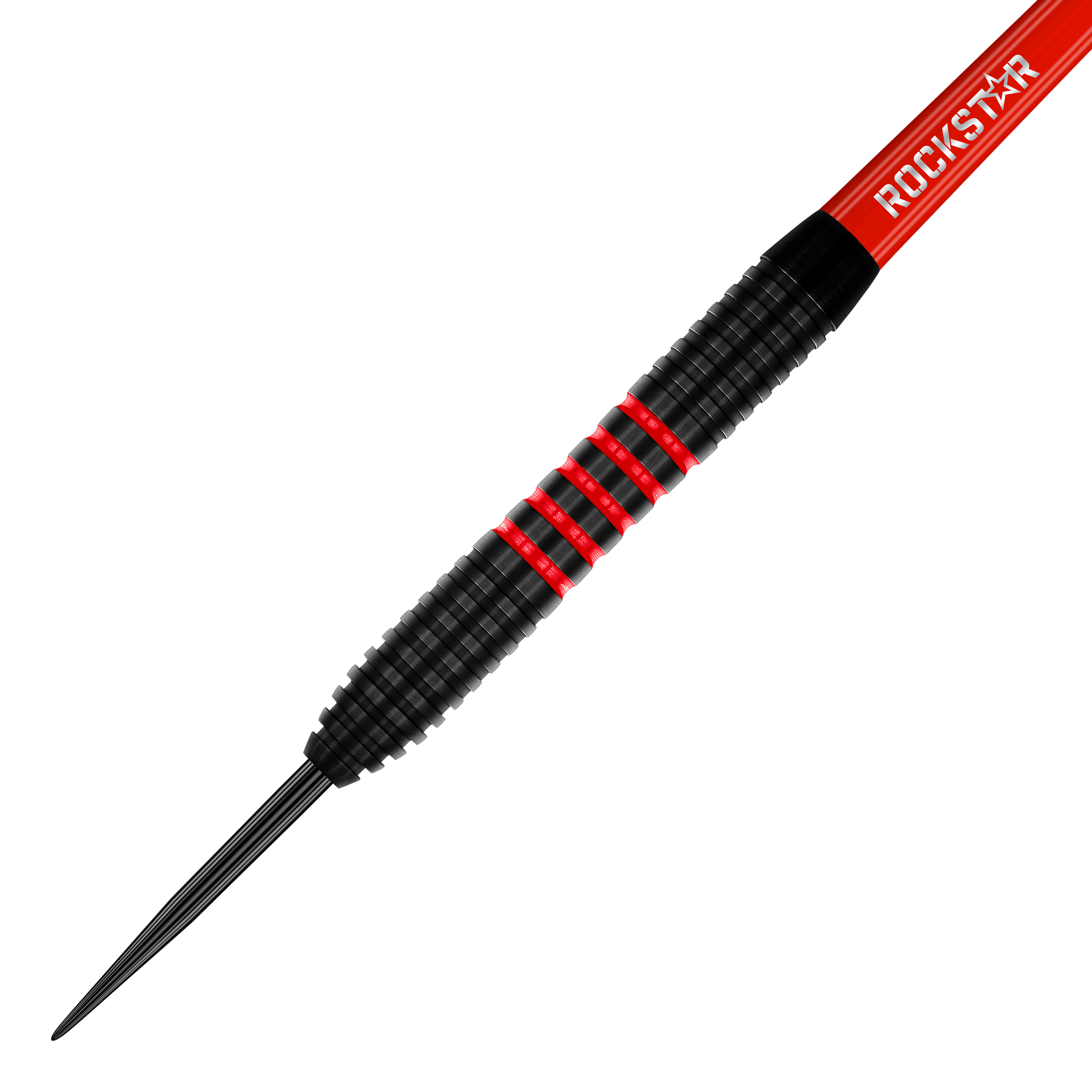 Winmau Joe Cullen Brass Steeldarts - 20g Das Bild zeigt einen Winmau Joe Cullen Brass Steeldart mit einem Gewicht von 20g. Der Dart ist überwiegend schwarz mit roten Ringen und dem Schriftzug "ROCKSTAR" auf dem Schaft.