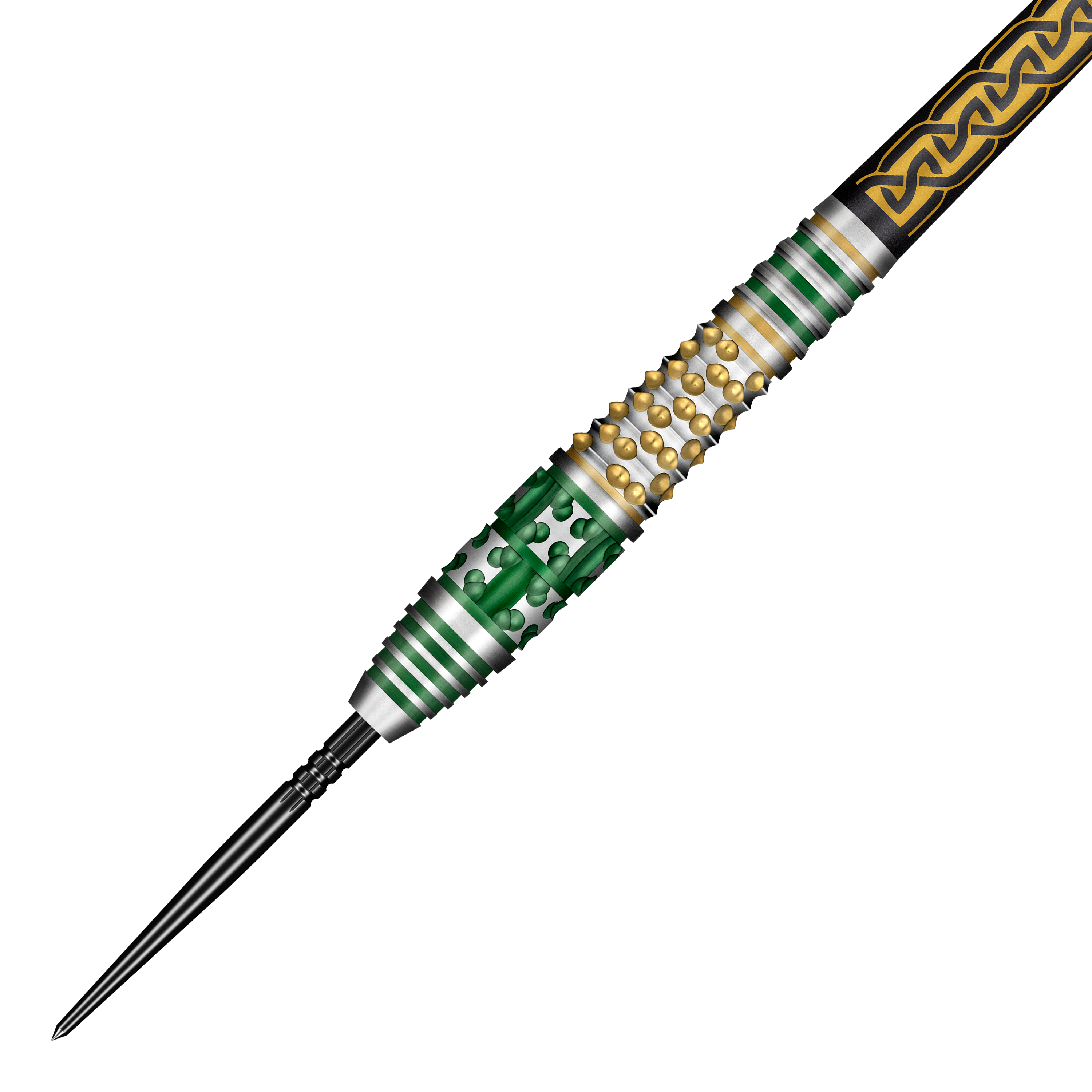 Das Bild zeigt mehrere Shot Celt Cernunnos TurboPoints Steeldarts. Die Darts sind in einer Formation präsentiert.