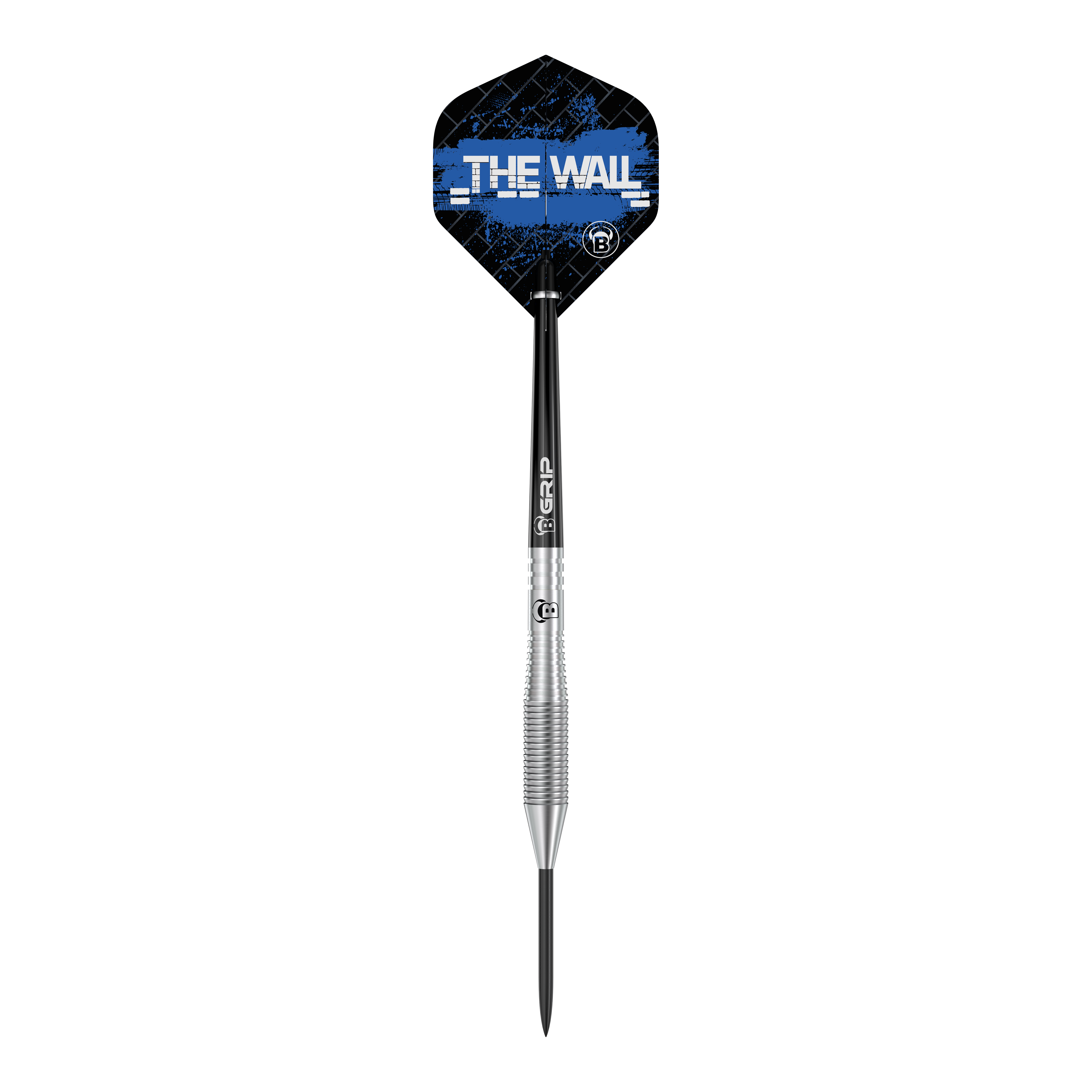 Bulls Martin Schindler TW80 steel darts Das Bild zeigt einen Bull's Martin Schindler TW80 Steeldartpfeil. Auf dem Flight steht in weißer Schrift "THE WALL" vor einem blauen Hintergrund.