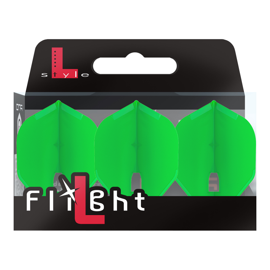 Die Abbildung zeigt eine Verpackung mit drei grünen Dartflights. Auf der Verpackung steht "L-Style Flight" in weißer und roter Schrift.