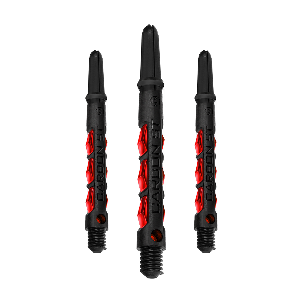 Das Bild zeigt drei Harrows Carbon ST Shafts in der Farbe Rot. Die Dartschäfte sind schwarz mit auffälligen roten Akzenten und dem Schriftzug "Carbon ST".