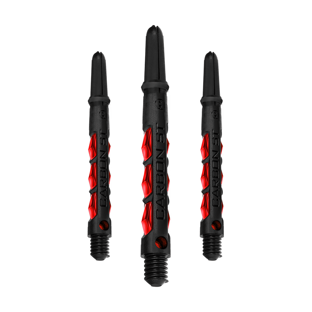 HR433_Harrows_Carbon_ST_Shafts_Rot_47mm_1 Das Bild zeigt drei Harrows Carbon ST Shafts in der Farbe Rot. Die Dartschäfte sind schwarz mit auffälligen roten Akzenten und dem Schriftzug "Carbon ST".