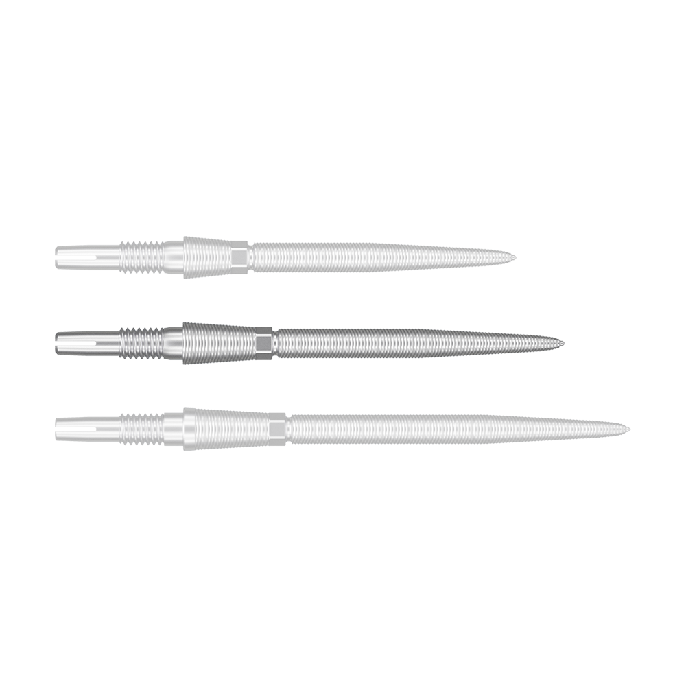 340081_Target_Swiss_Storm_Nano_Point_Dartspitzen_Silber_30mm_1 Das Bild zeigt drei silberne Dartspitzen, die nebeneinander angeordnet sind. Sie sind lang, schlank und haben eine fein gerillte Oberfläche.
