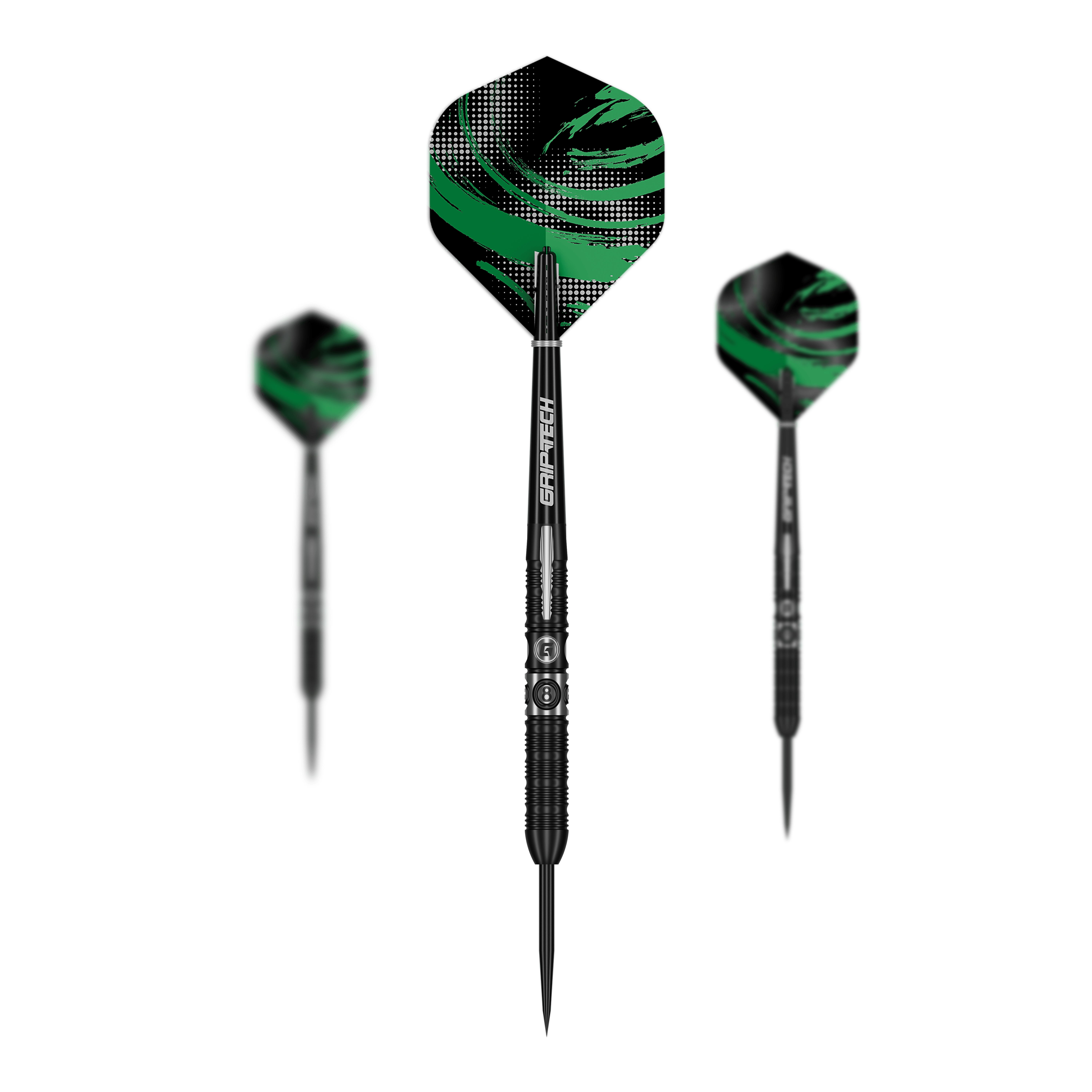 Dieses Foto zeigt ein Set der GOAT 8Ball Steeldarts. Es sind mehrere Dartpfeile als Set abgebildet.