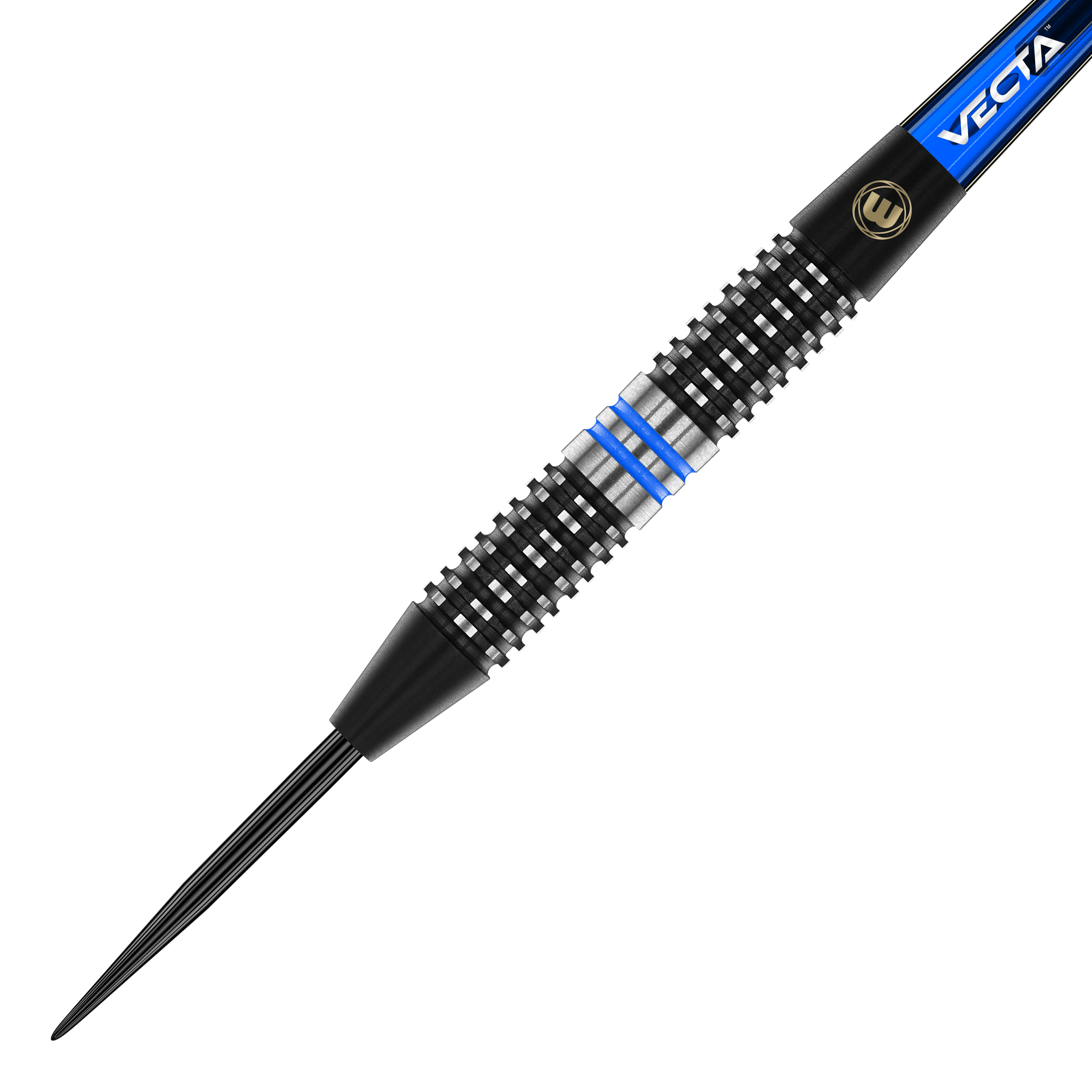 Winmau Galactics Steeldarts Das Bild zeigt einen Winmau Galactics Steeldart. Der Dart hat ein schwarzes und silbernes Griffstück mit blauen Ringen.