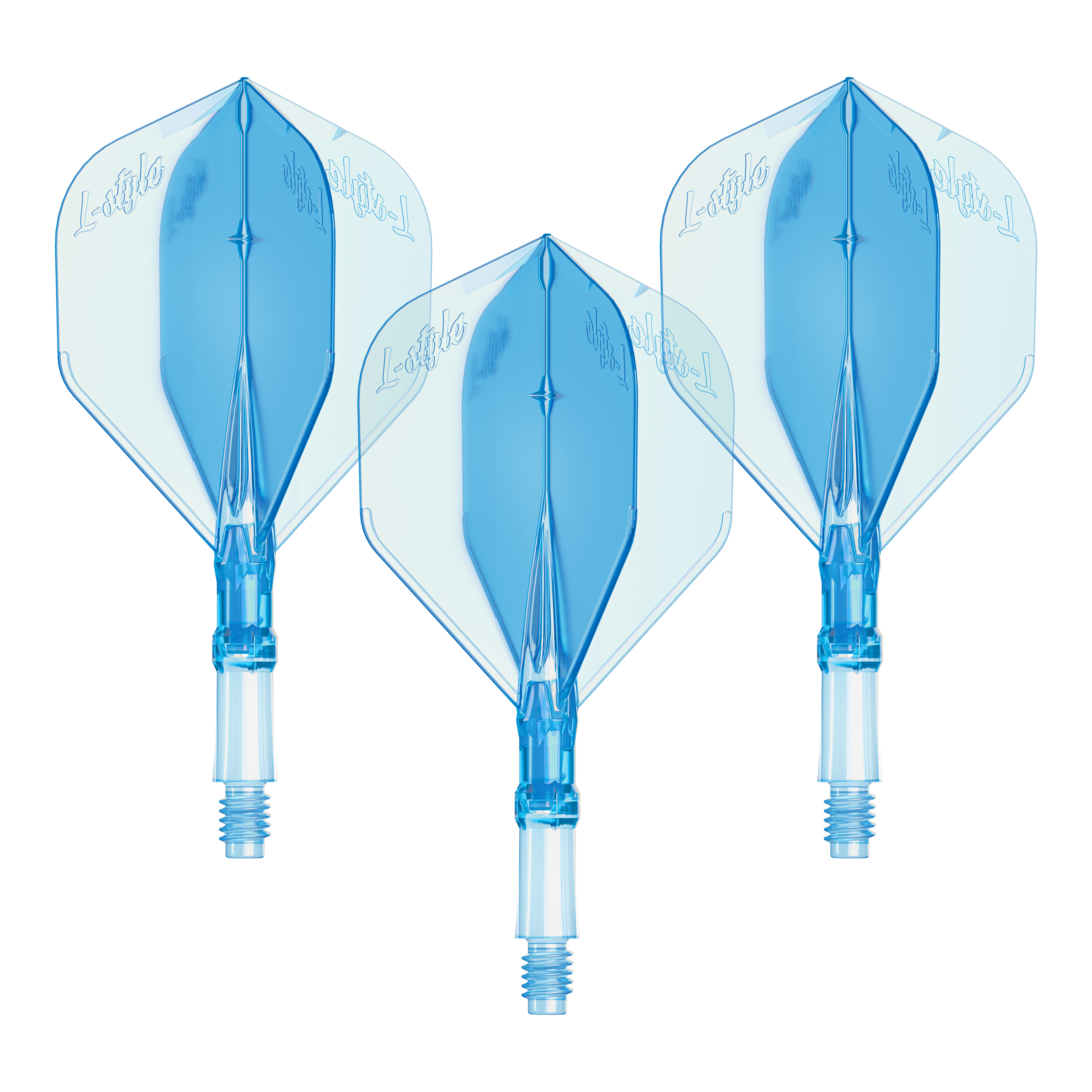 Dieses Bild zeigt ein Set von L-Style L-System Flights in klarer blauer Farbe, Größe Small. Es ist ein Zubehörteil für Dartpfeile.