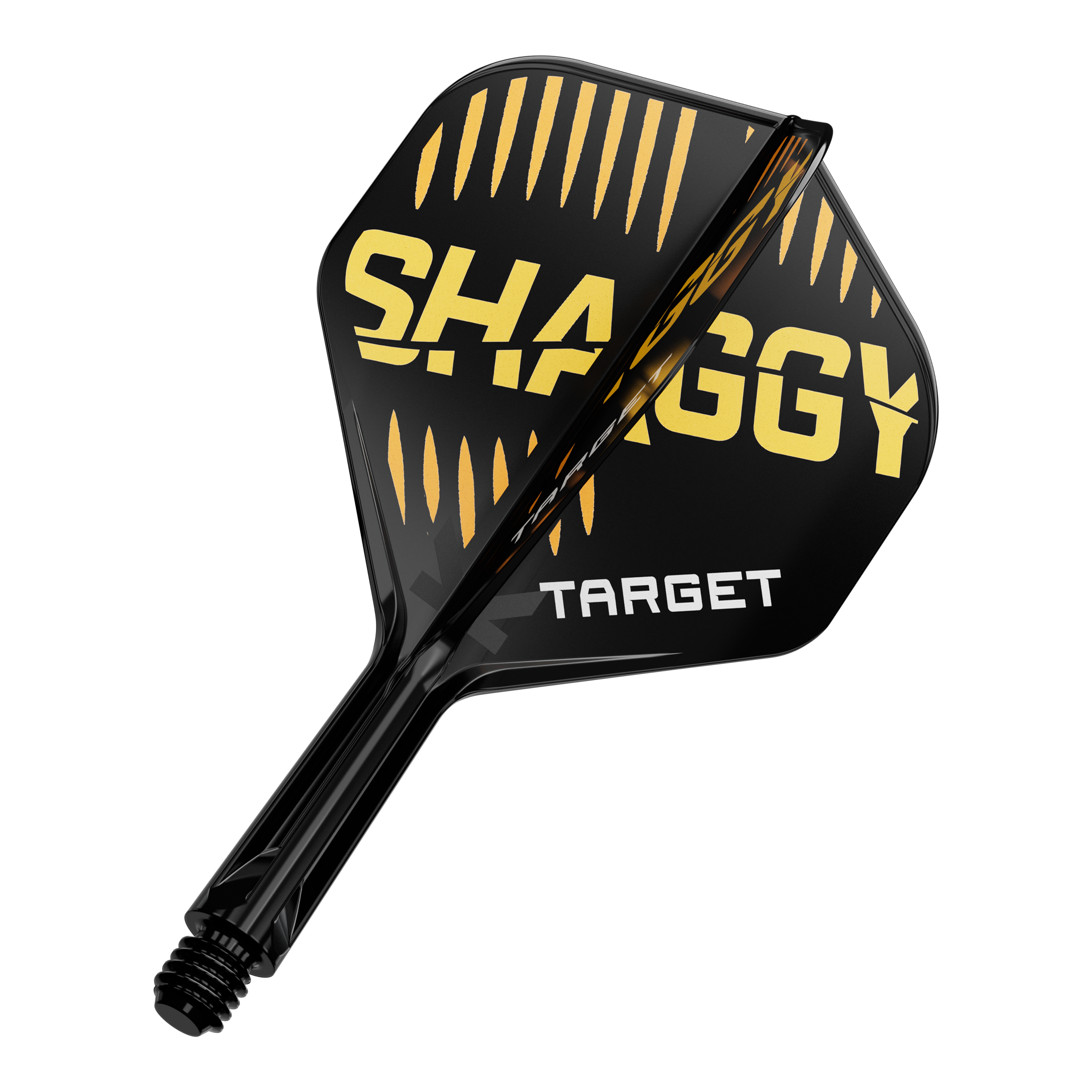 Target K-Flex Scott Williams No2 Standard Flight Shaft System Das Bild zeigt eine schwarze Dartflügel mit gelben und weißen Aufschriften. Auf dem Flügel stehen die Worte "SHAGGY" und "TARGET".