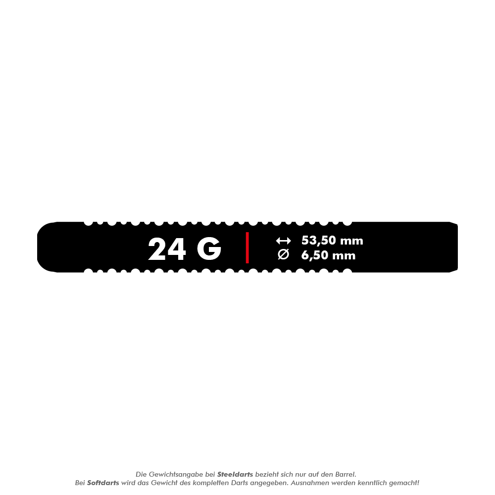 190221_Target_Elanor_Cairns_GEN1_Swiss_Point_Steeldarts_5_24g Das Bild zeigt die Maße und das Gewicht des Produkts "Target Eleanor Cairns GEN1 Swiss Point Steeldarts - 24g". Der Dart hat ein Gewicht von 24 Gramm, eine Länge von 53,5 mm und einen Durchmesser von 6,5 mm.