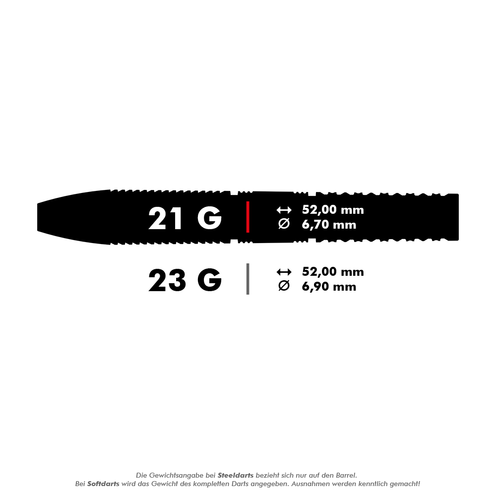 Target Gabriel Clemens GEN2 Swiss Point steel darts Das Bild zeigt die technischen Daten von zwei Steeldarts mit 21 g und 23 g Gewicht. Die Längen und Durchmesser der Darts sind jeweils 52,00 mm x 6,70 mm und 52,00 mm x 6,90 mm.