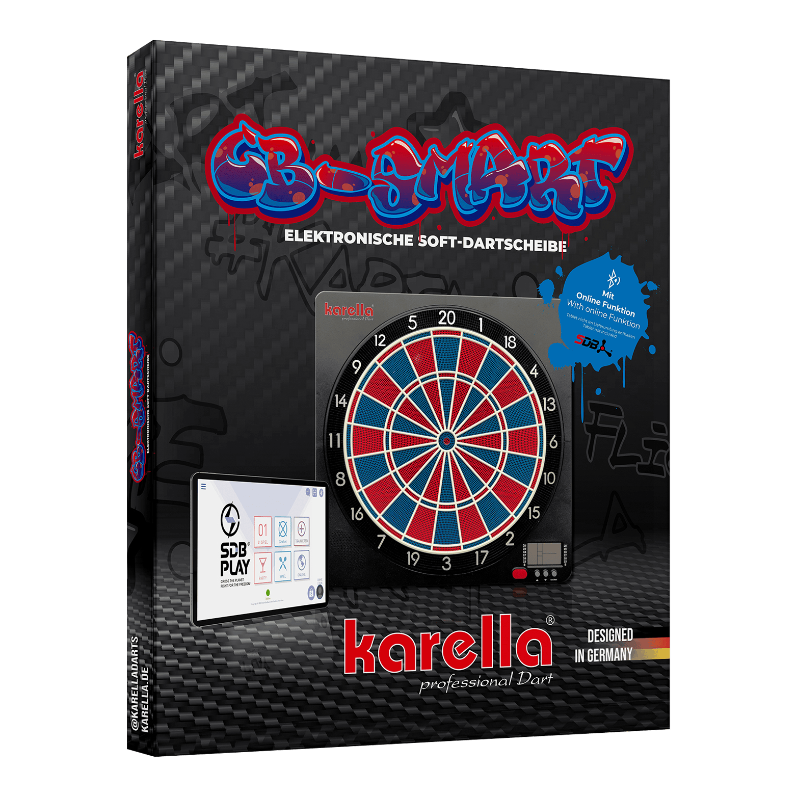 Karella CB-Smart Electronic Soft Dartboard Die Verpackung zeigt die "Karella CB-Smart Elektronische Soft-Dartscheibe". Auf der Vorderseite sind die Dartscheibe und ein Bedienfeld abgebildet, sowie Hinweise auf die Online-Funktion.