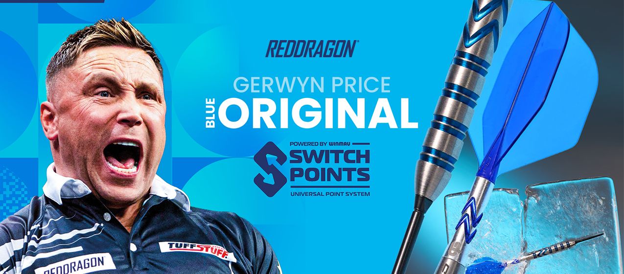Produktbild des RedDragon Gerwyn Price Original, auf weißem Hintergrund dargestellt. Das Bild veranschaulicht die Form und das Muster des Produkts.