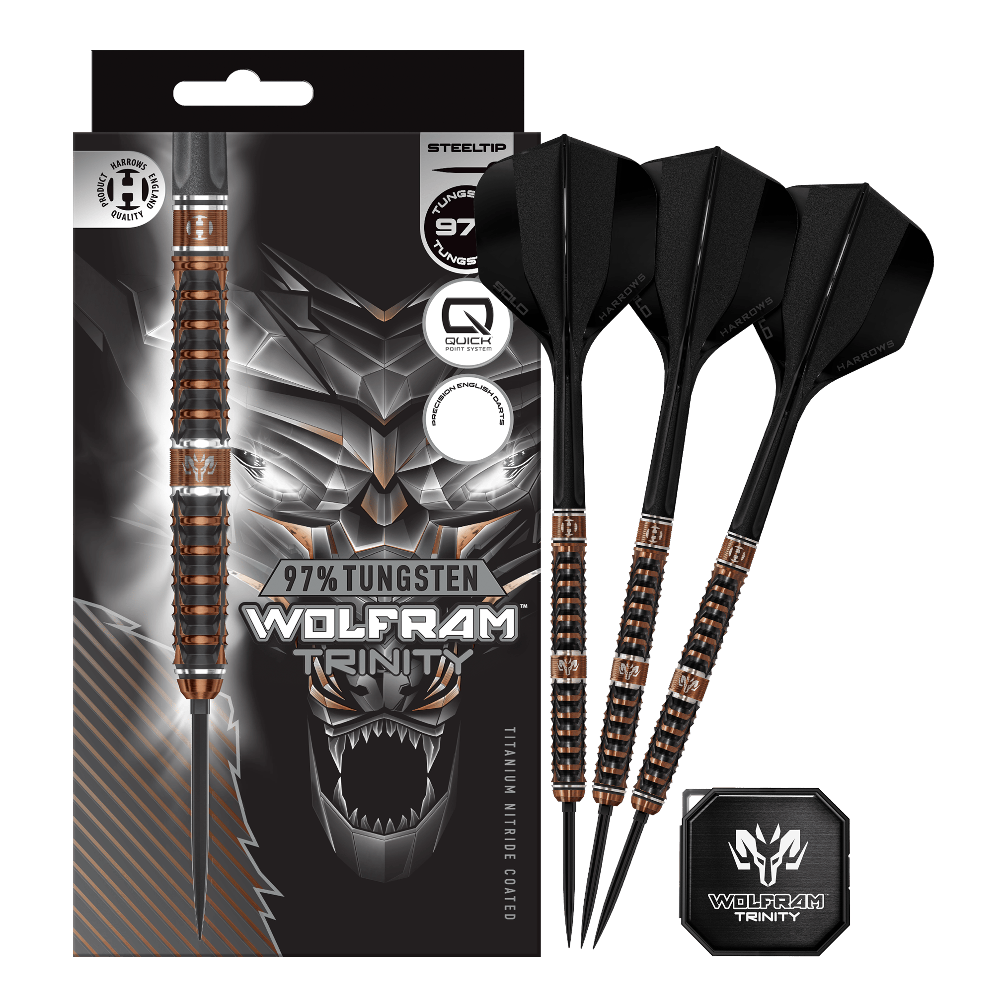 Hier sieht man die Harrows Wolfram Trinity Quick Point Steeldarts in voller Ansicht. Die Steeldarts zeichnen sich durch innovative Technik aus.