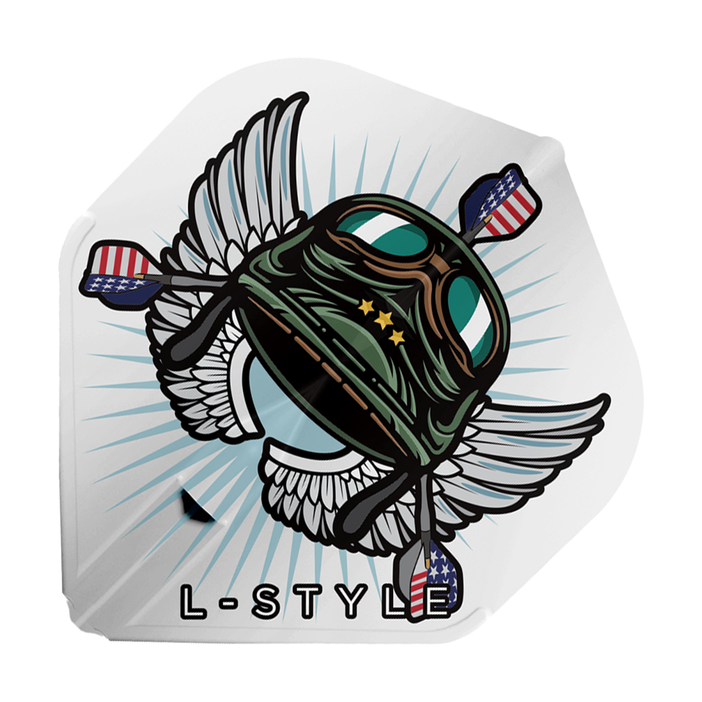 L-Style_Leonard_Gates_V3_White_L1EZ_Flights_1 Das Bild zeigt das Produkt "L-Style Leonard Gates V3 White L1EZ Flights". Auf dem Flight ist ein Helm mit Flügeln und amerikanischen Dartpfeilen abgebildet, darunter steht "L-STYLE".