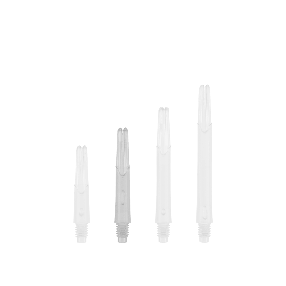 L-L-Style-Shafts Locked Straight - Clear Das Bild zeigt vier transparente, gerade Kunststoffschäfte in unterschiedlichen Längen. Sie sind vermutlich Ersatzteile für Dartpfeile.