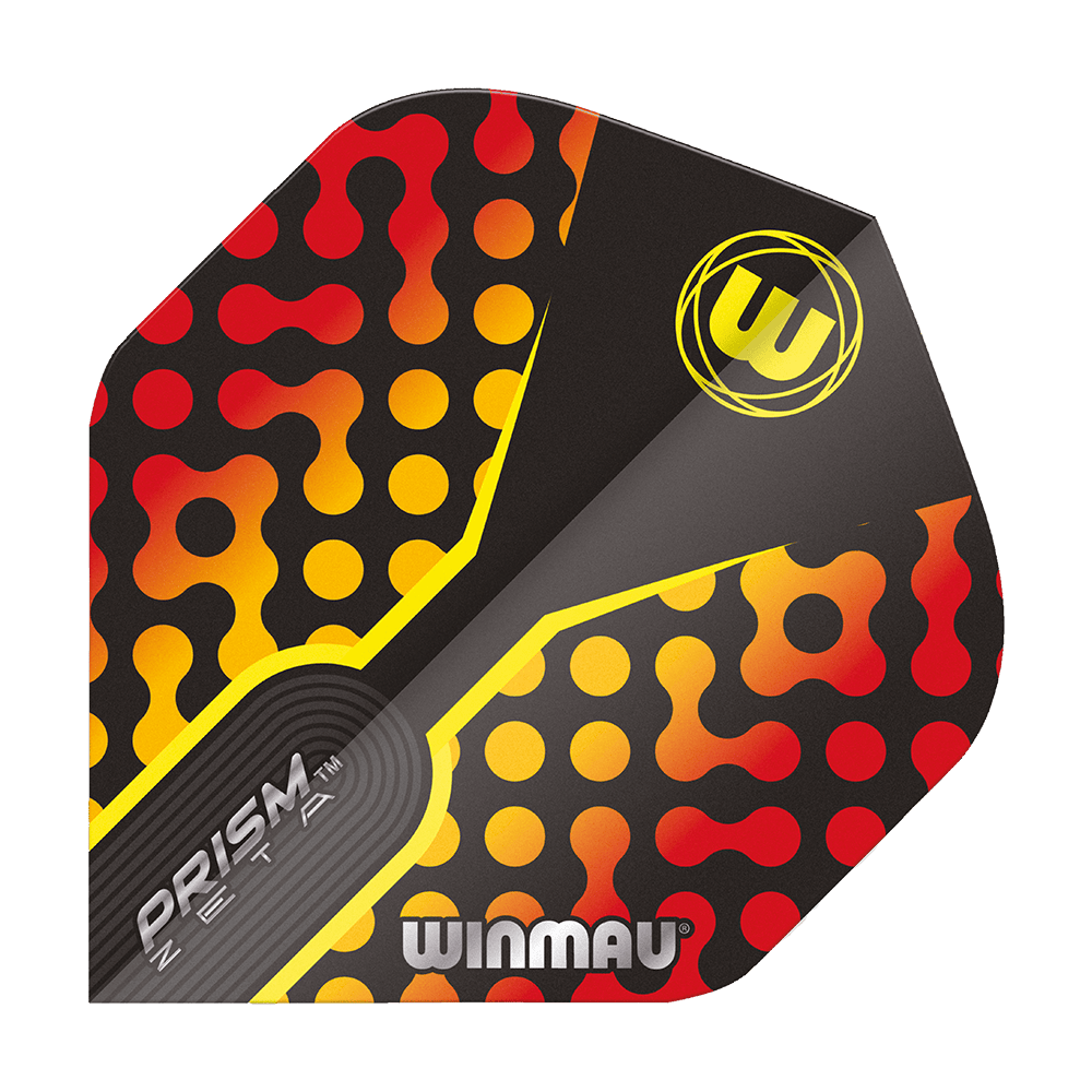 6915-308_Winmau_Prism_Zeta_RedOrange_Standard_Flights_1auDRDOiYoqryT Das Bild zeigt das Produkt "Winmau Prism Zeta RedOrange Standard Flights". Das Design ist schwarz mit roten, gelben und orangefarbenen Punkten und Mustern.