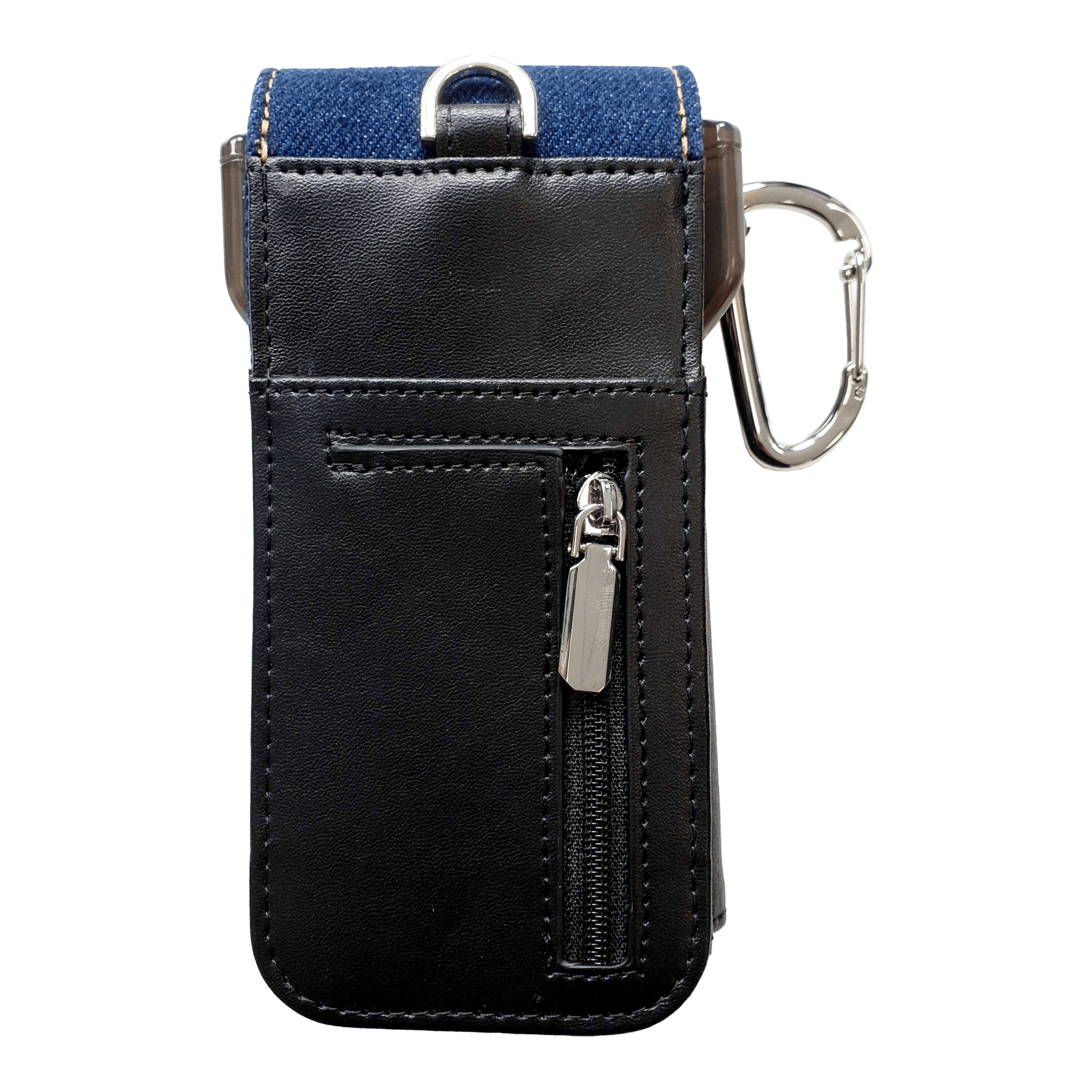 Das Bild zeigt ein elegantes Dart-Etui aus schwarzem Leder mit einem Reißverschlussfach. Am oberen Rand befindet sich ein Karabinerhaken und ein Einsatz aus dunkelblauem Denim-Stoff.
