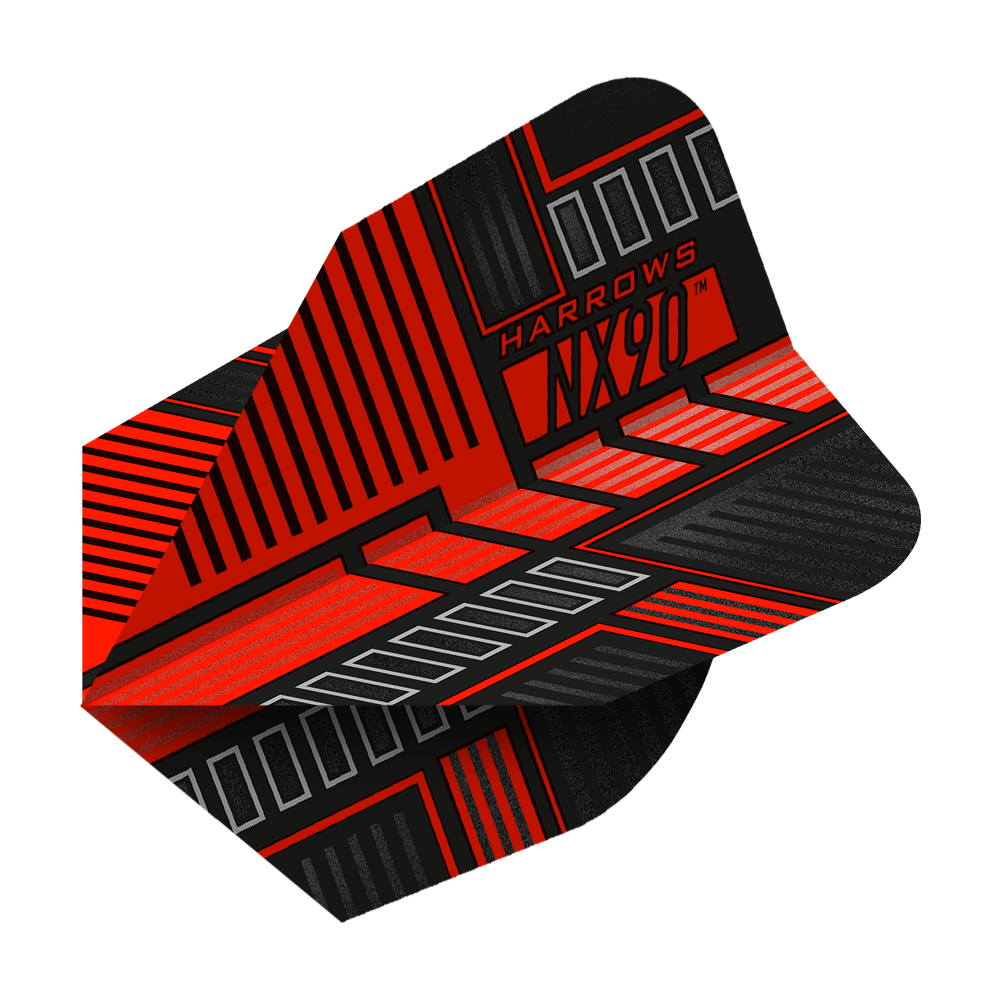HR50_Harrows_Prime_NX90_Red_No6_Flights_2 Das Bild zeigt das Produkt "Harrows Prime NX90 Red Flights". Die Flights haben ein modernes Design in Rot, Schwarz und Silber mit auffälligen Linienmustern.