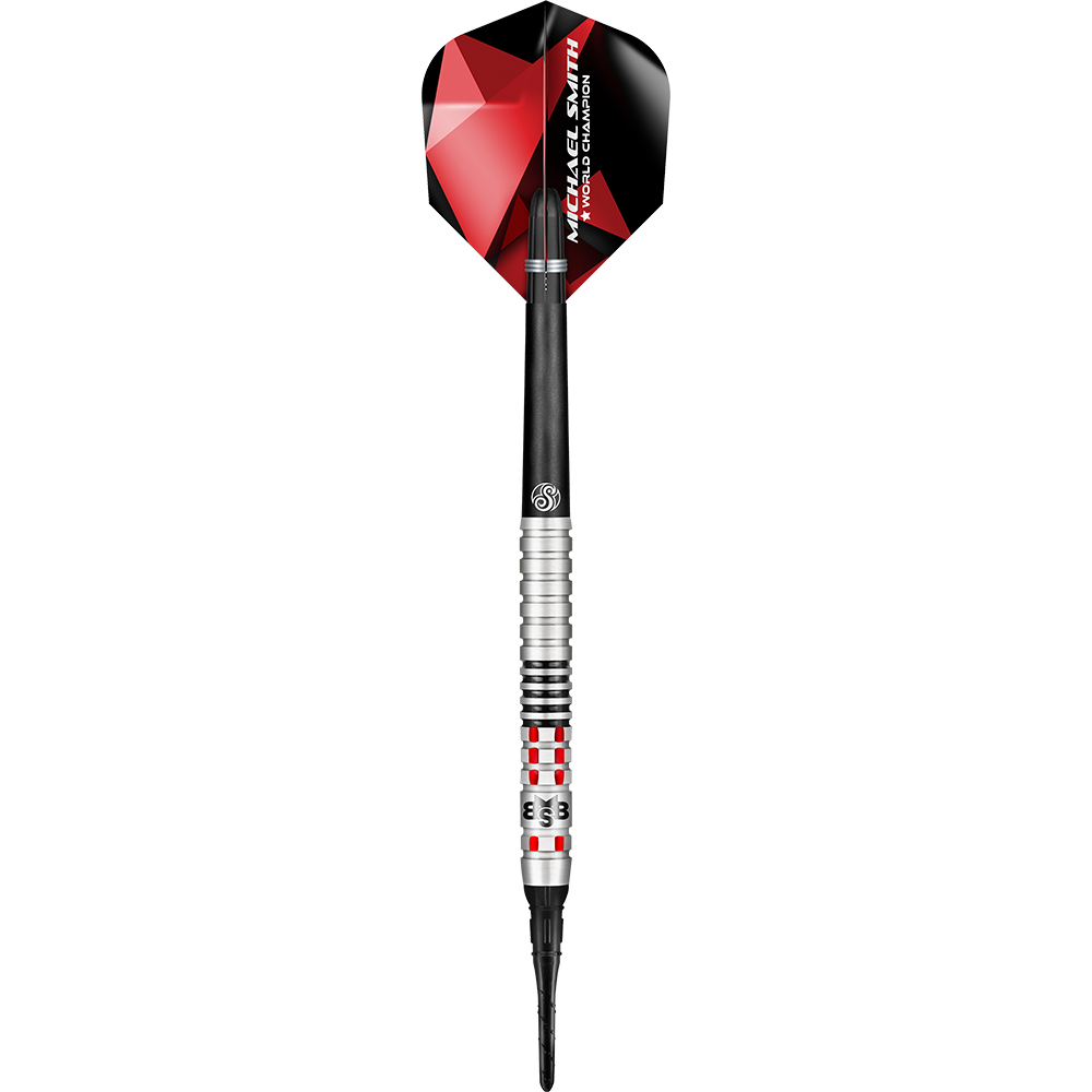Shot Michael Smith Achieve Soft Darts Auf dem Bild ist ein Softdartpfeil mit silbernen und schwarzen Elementen zu sehen. Das Flights ist rot-schwarz und trägt die Aufschrift "Michael Smith World Champion".