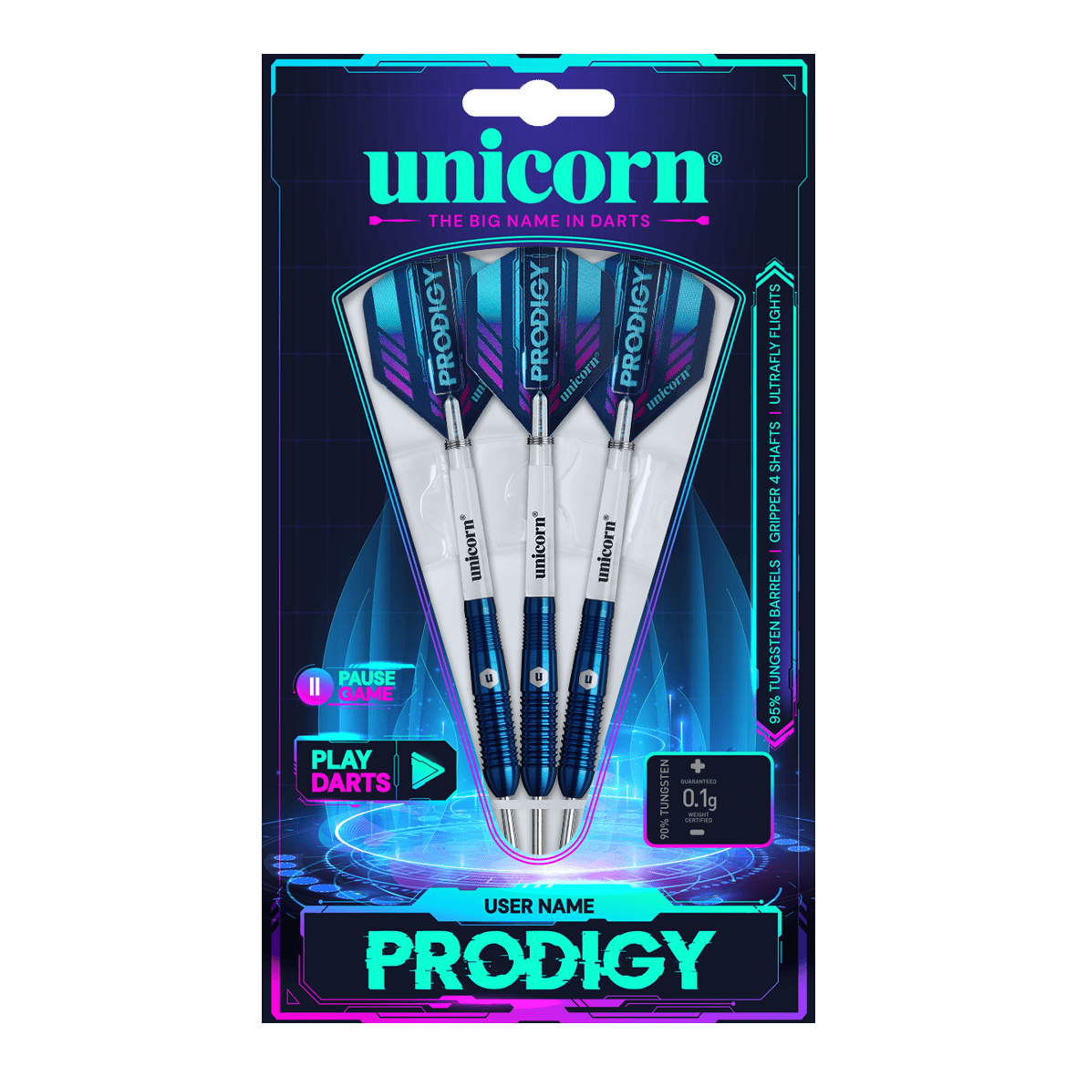 Unicorn Prodigy 02 Torpedo steel darts Das Bild zeigt eine Packung mit drei Unicorn Prodigy 02 Torpedo Steeldarts. Die Verpackung ist farbenfroh gestaltet und hebt das Produkt und den Markennamen hervor.