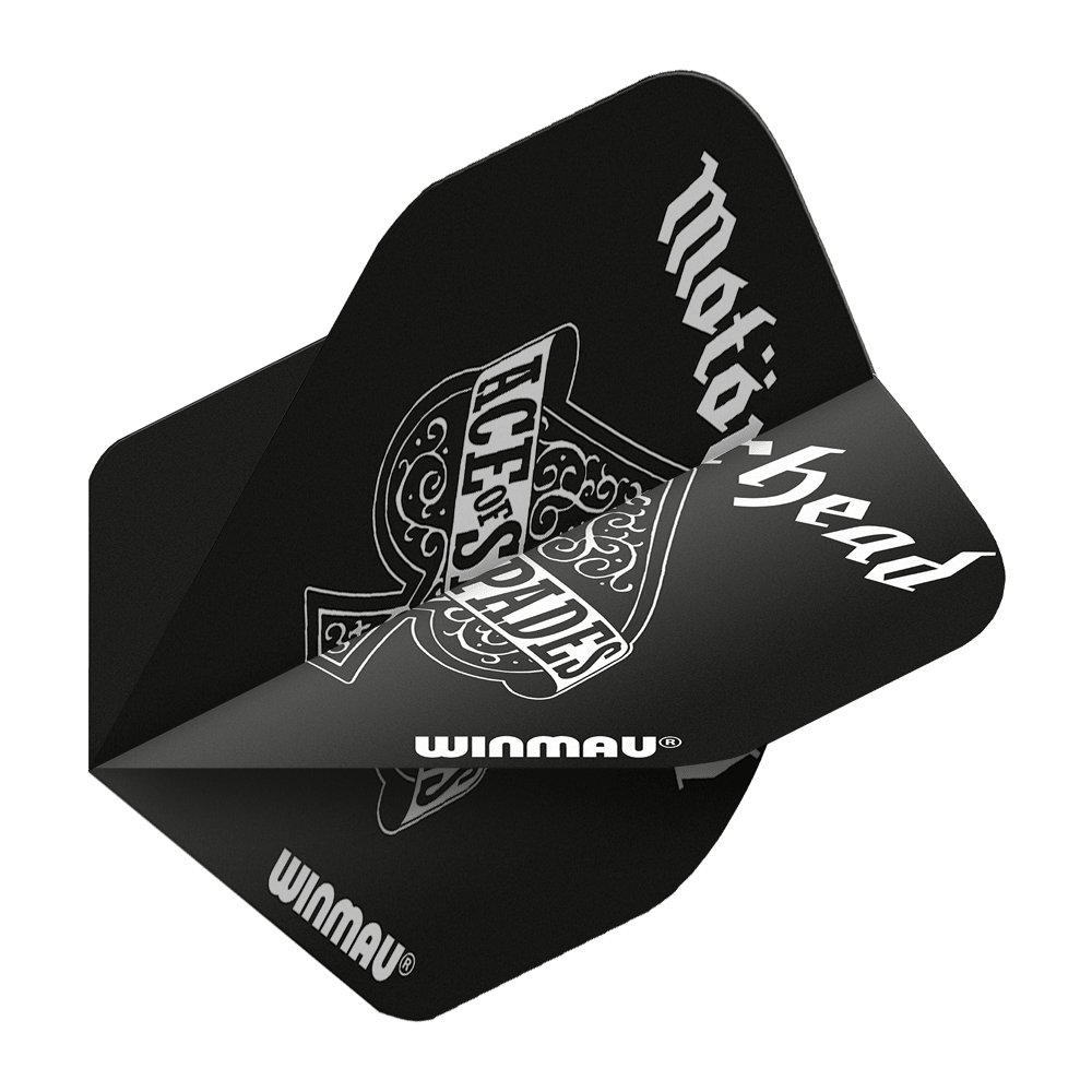 6905-210_Winmau_Rockstar_Legends_Mot-rhead_AoS_Standard_Flights_2 Das Bild zeigt ein schwarzes Dartflight mit der Aufschrift "Motörhead" und "Ace of Spades". Das Produkt ist von der Marke Winmau und trägt das Rockstar Legends Design.