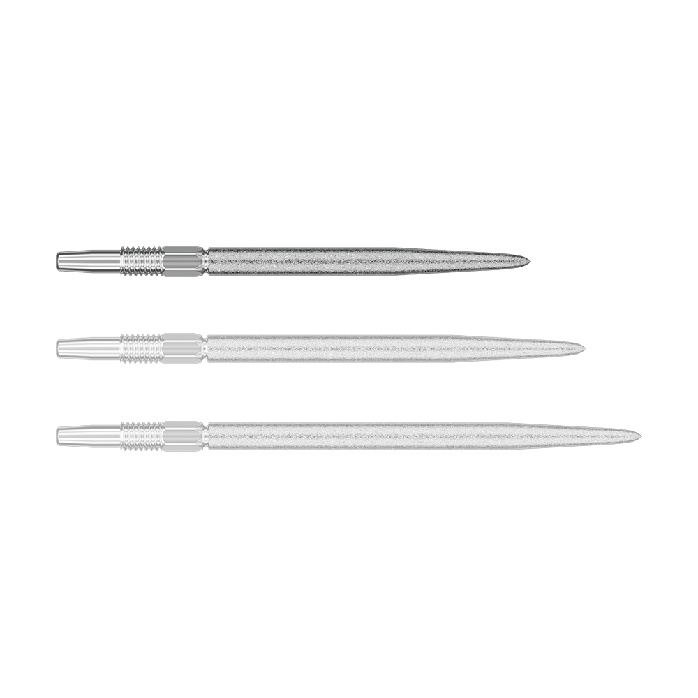 Target Swiss Point SLK dart tips - silver Das Bild zeigt drei silberne Dartspitzen in unterschiedlicher Ansicht. Sie sind schlank, lang und haben gerillte Abschnitte am oberen Ende.