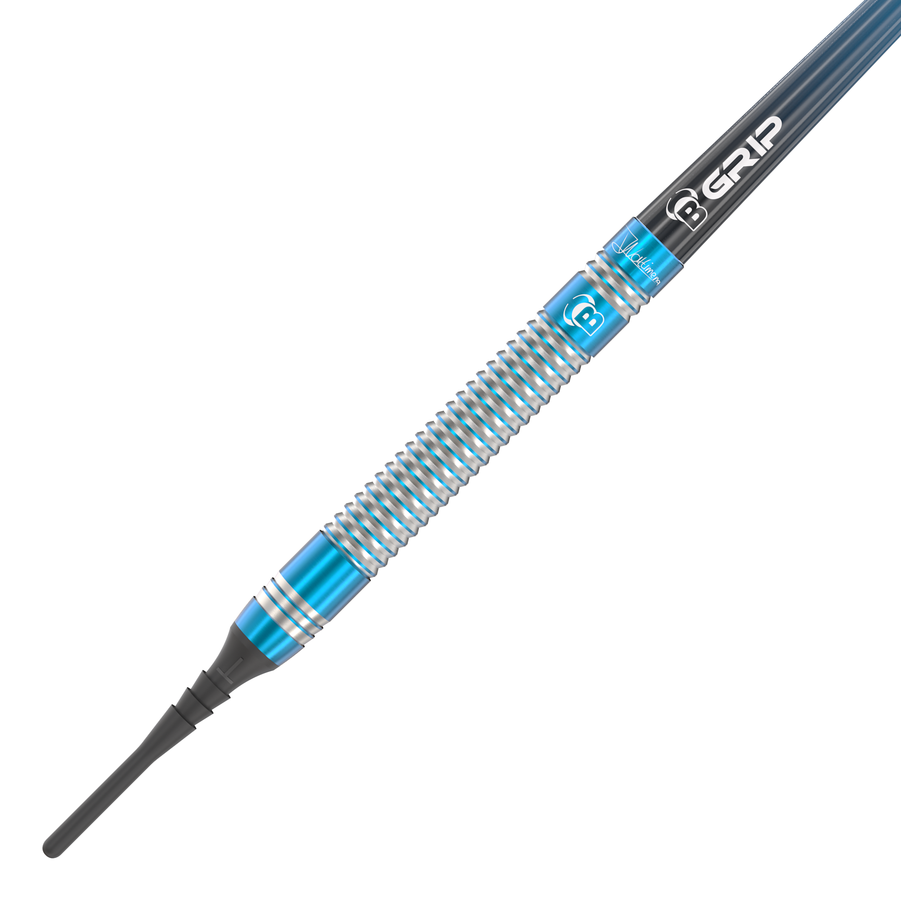 Bulls Jermaine Wattimena Generation 3 Soft Darts - 20g Das Bild zeigt einen Softdart mit silbernen und blauen Rillen. Auf dem Schaft steht „B GRIP“ und der Dart wirkt hochwertig verarbeitet.