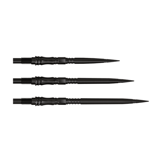 Dartspitzen der Apex Axis Black Elite Serie werden gezeigt. Die Spitzen sind dunkel und fein gefertigt.