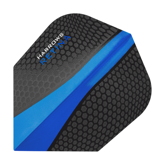 Dies ist ein Harrows Retina Blau No6 Flight für Dartpfeile. Er hat ein schwarzes Wabenmuster mit einem markanten blauen Streifen in der Mitte.
