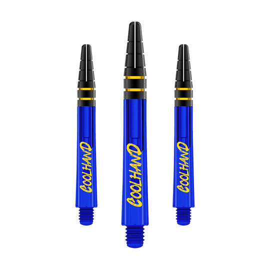 Red Dragon Nitrotech Luke Humphries Coolhand Shafts - Blue Auf dem Bild sind drei blaue Dartshafts mit der gelben Aufschrift „COOLHAND“ zu sehen. Die oberen Enden der Shafts sind schwarz mit goldenen Ringen verziert.