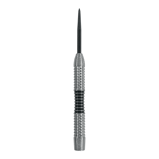 McDart Black Stripe 2 steel dart barrels - 22g Das Bild zeigt einen silbernen Steeldart-Barrel mit einer schwarzen Griffzone in der Mitte. Es handelt sich um das Produkt "McDart Black Stripe 2 Steeldart-Barrels - 22g".