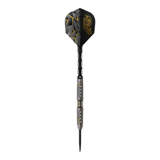 Harrows Opus Steeldarts Das Bild zeigt einen Harrows Opus Steeldart. Der Dartpfeil ist schwarz mit silbernen und goldenen Akzenten und hat eine strukturierte Oberfläche.