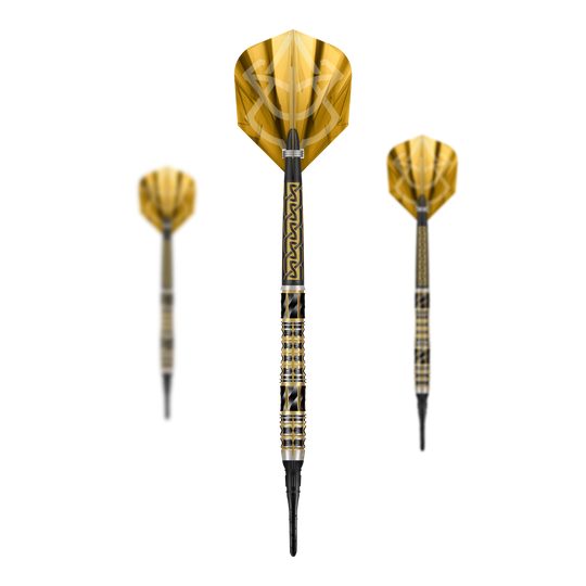 Abgebildet sind die Shot Alchemy Auro Softdarts mit 20g Gewicht. Der Fokus liegt auf dem Design und der Verarbeitung der Softdarts.