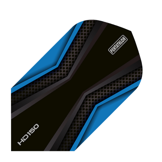 HD-41-HD150-Pentathlon-Blue-Black-Flights Das Bild zeigt ein schwarzes und blaues Slim-Dartflight mit dem Namen "HD 150 Pentathlon". Auf dem Flight stehen die Aufschriften "HD150" und "Pentathlon".